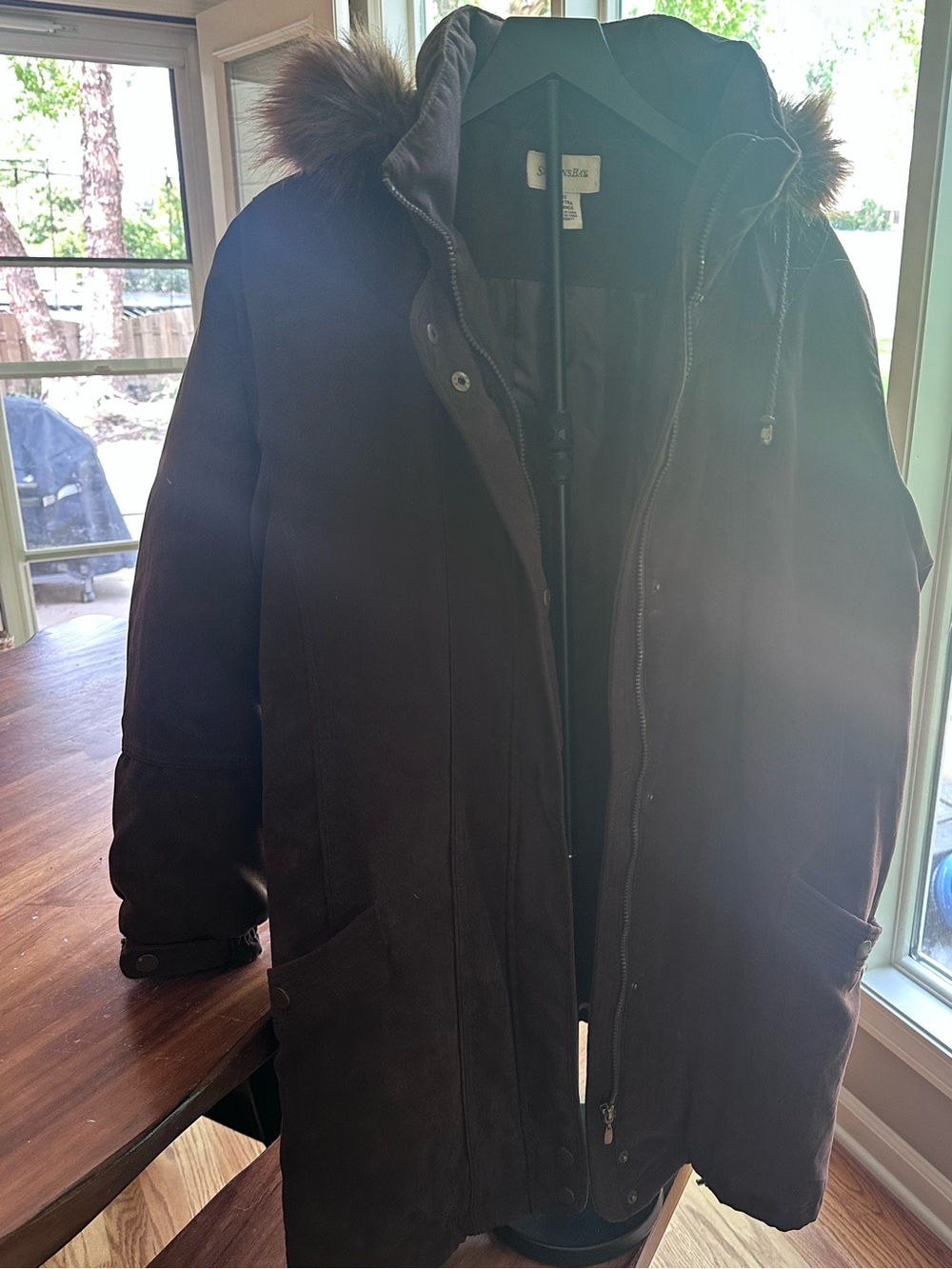 St John’s Bay Women’s 1X Brown Faux Suede Hooded Parka Coat Faux Fur Trim